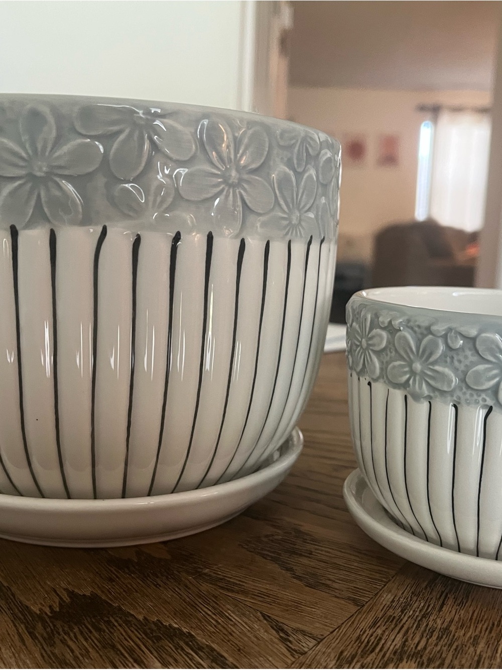 Ceramic Floral Stripe Planter - Gray & White